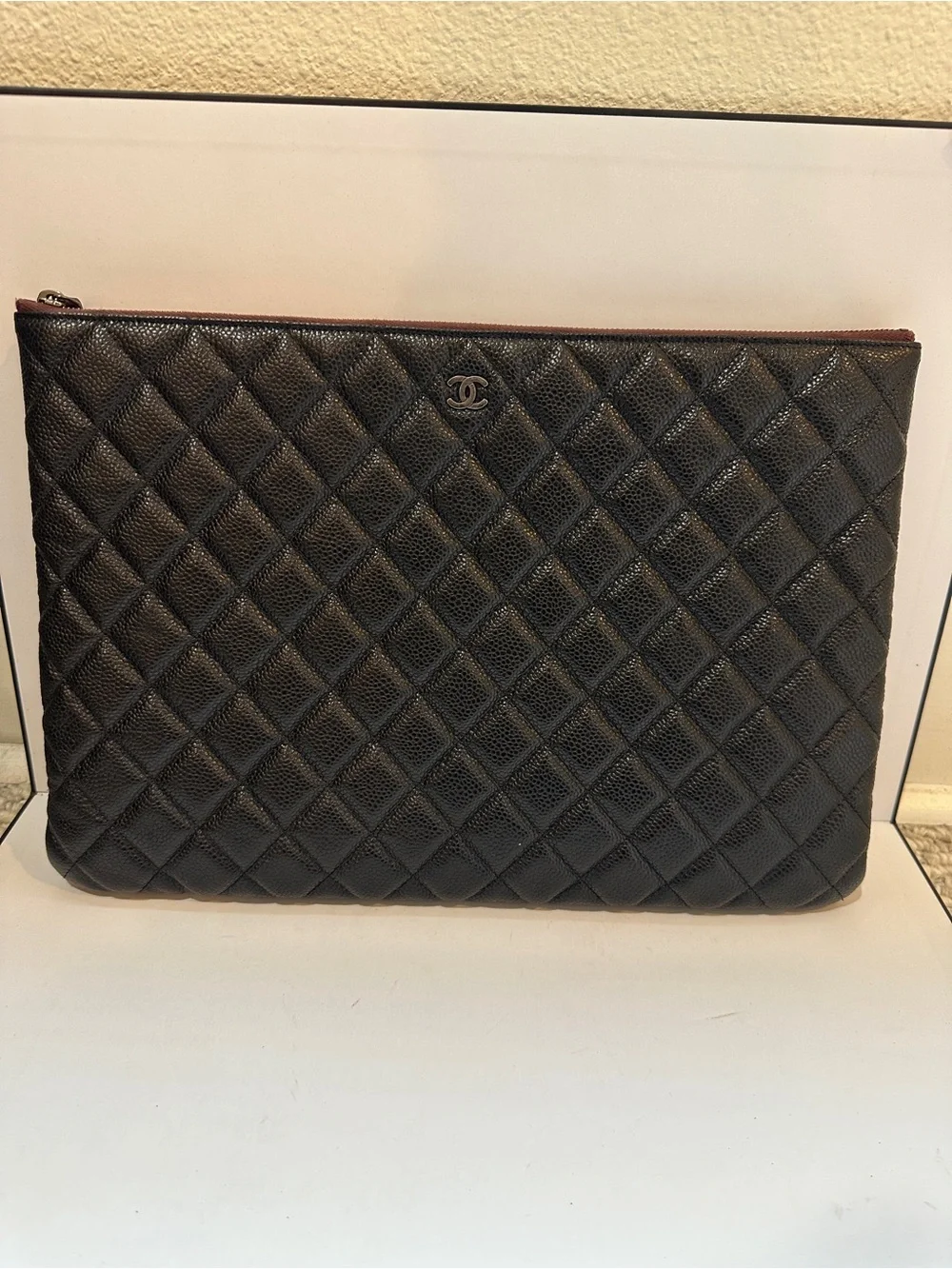 Chanel Large O-Case Black Caviar Leather Quilted Zip Pouch Burgundy Interior